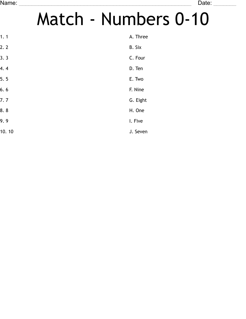 Match - Numbers 0-10 Worksheet