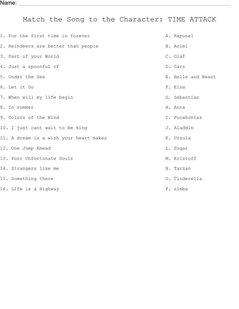 Match  the  Song  to  the  Character: TIME ATTACK Worksheet