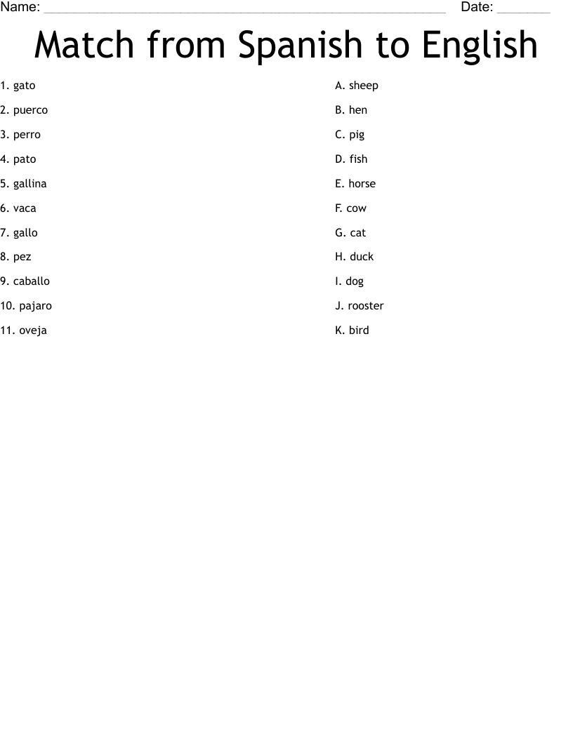 Match from Spanish to English  Worksheet