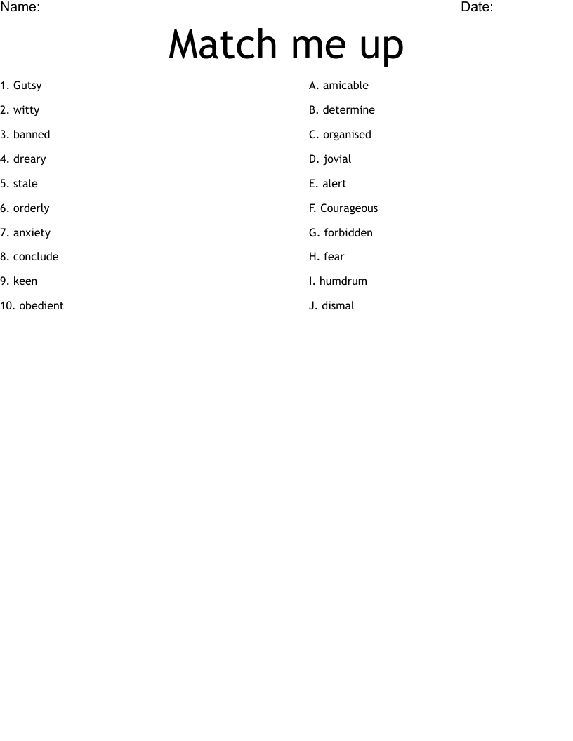 Match me up Worksheet