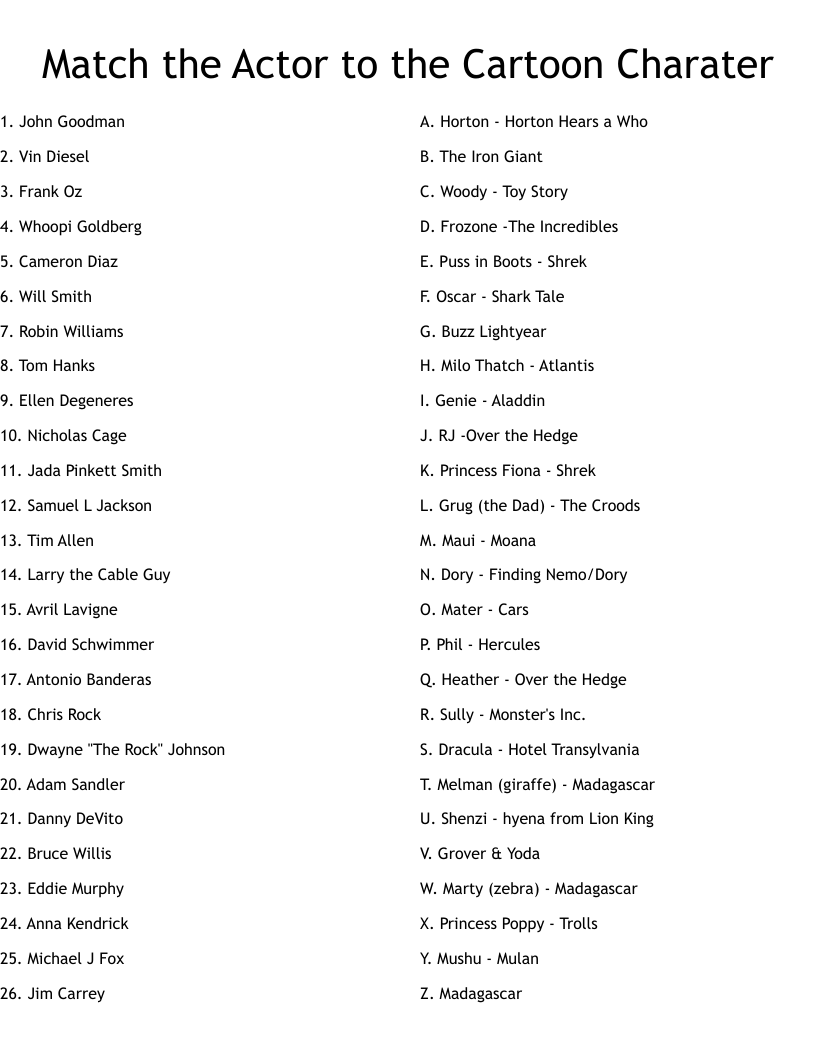 Match the Actor to the Cartoon Charater Worksheet