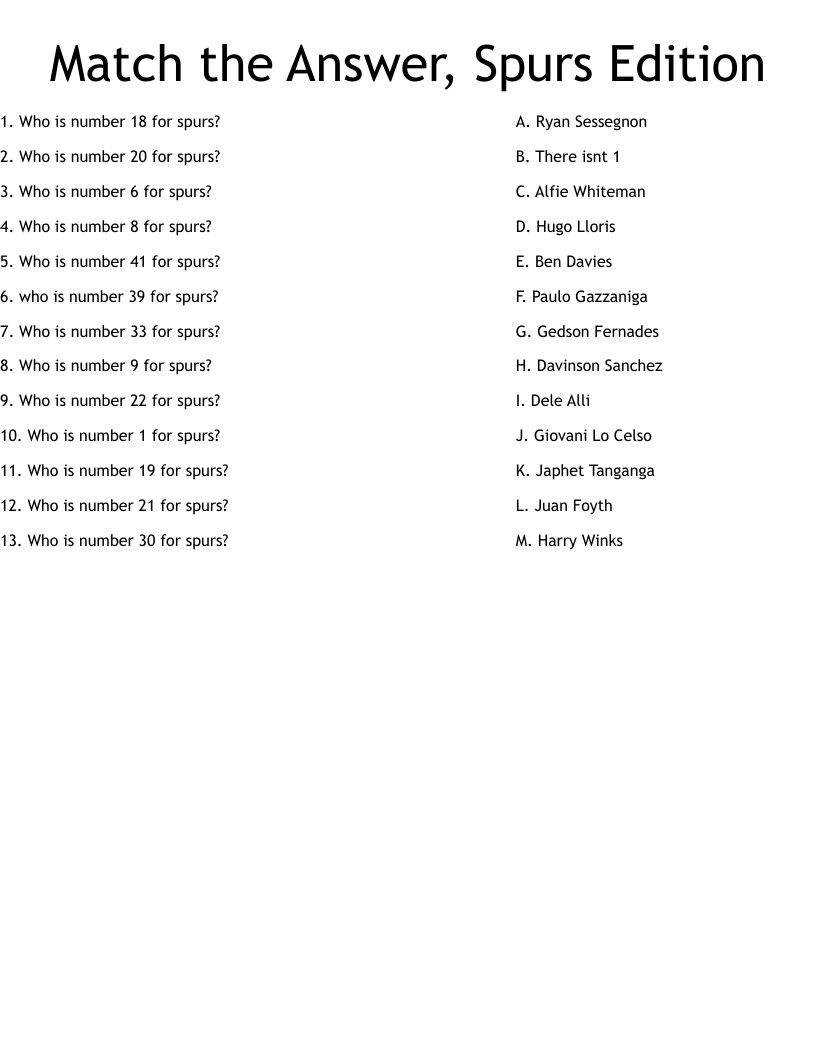 Match the Answer, Spurs Edition  Worksheet
