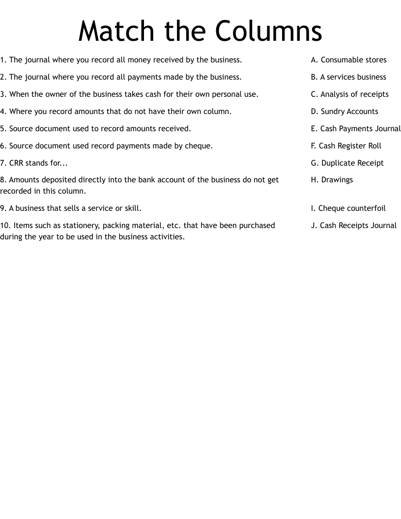Match the Columns Worksheet
