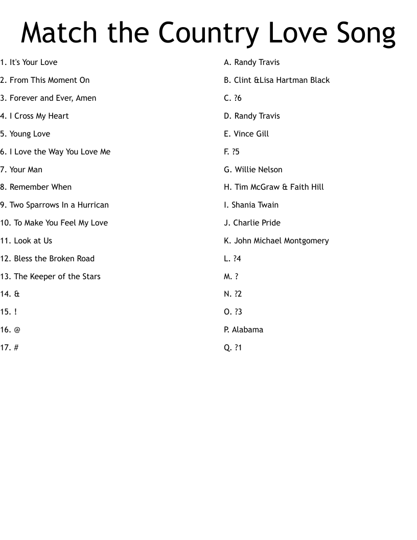 Match the Country Love Song Worksheet
