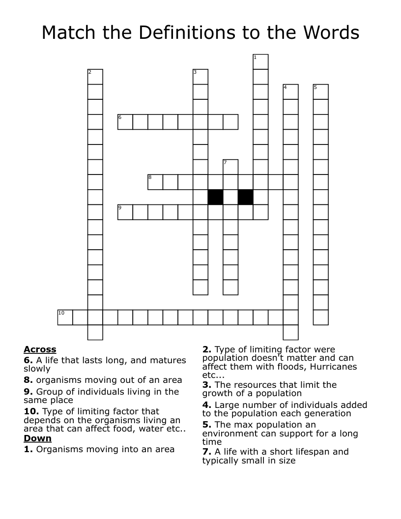 Match the Definitions to the Words Crossword