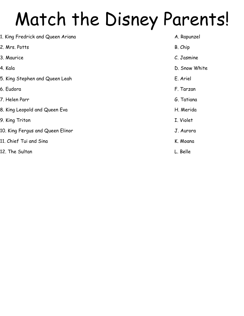 Match the Disney Parents! Worksheet
