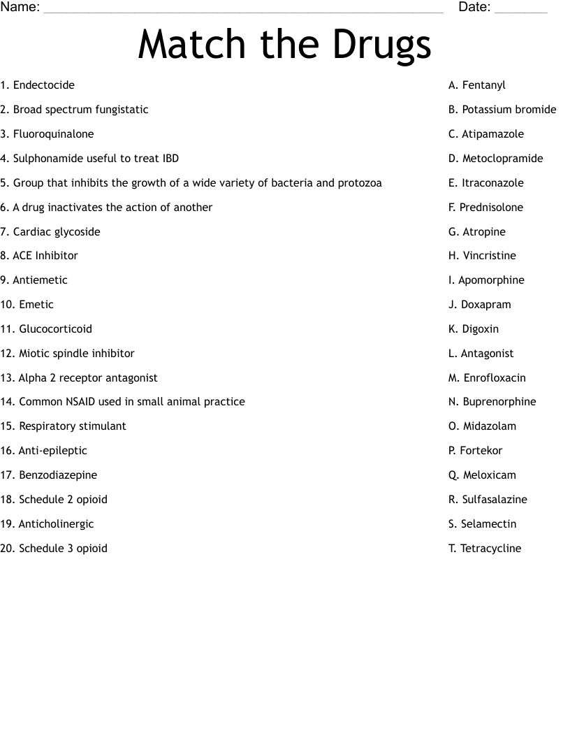 Match the Drugs Worksheet