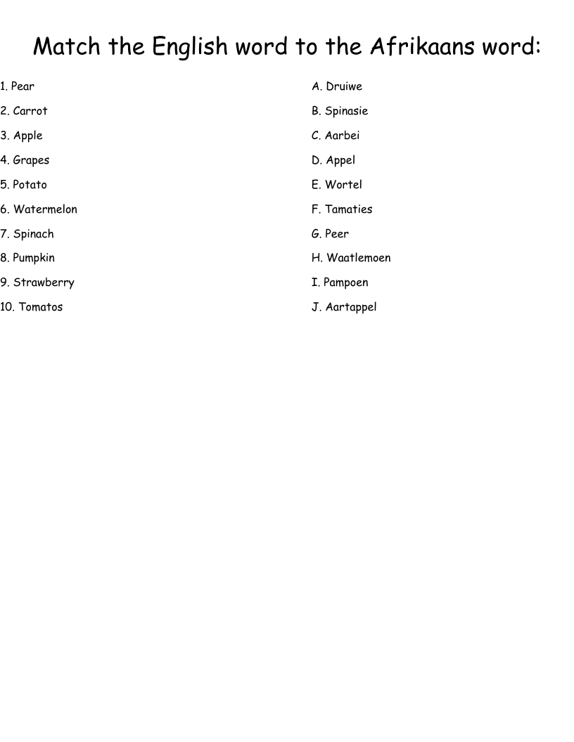 Match the English word to the Afrikaans word:  Worksheet