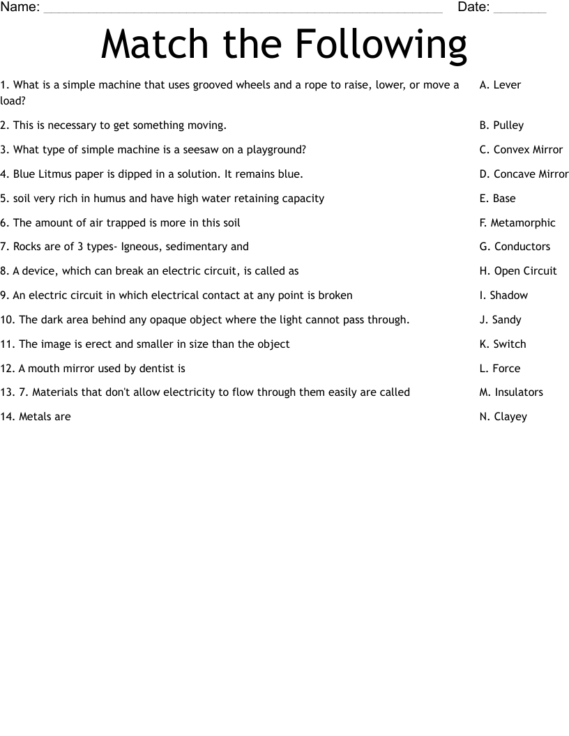 Match the Following Worksheet