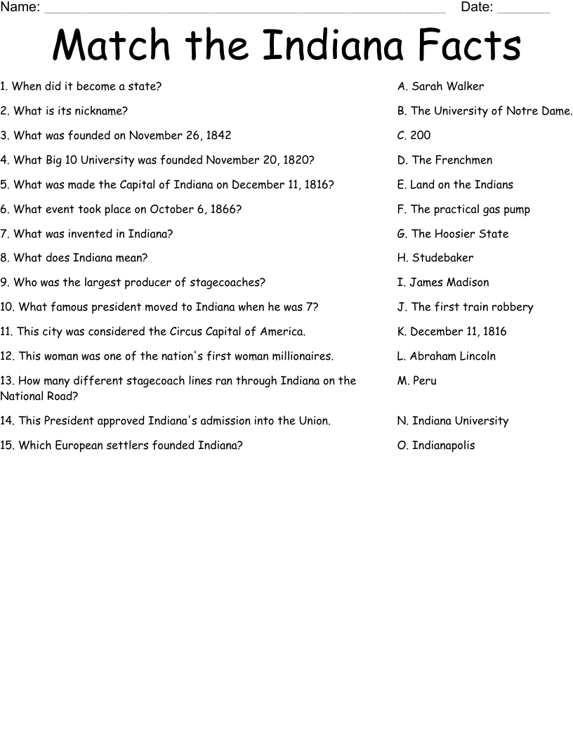 Match the Indiana Facts Worksheet