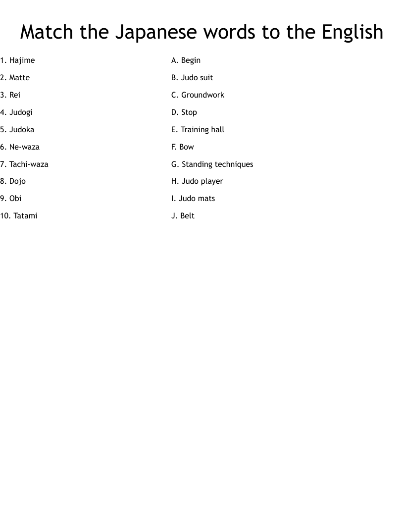 Match the Japanese words to the English Worksheet