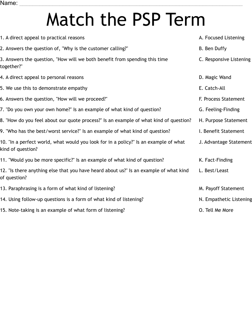 Match the PSP Term Worksheet