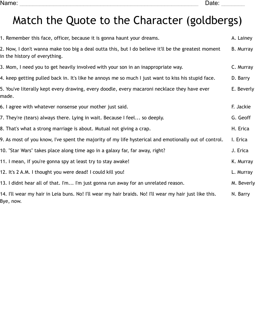 Match the Quote to the Character (goldbergs) Worksheet