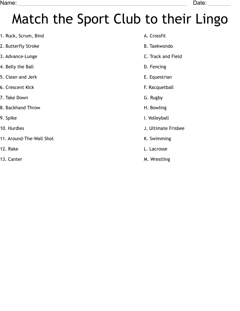 Match the Sport Club to their Lingo Worksheet
