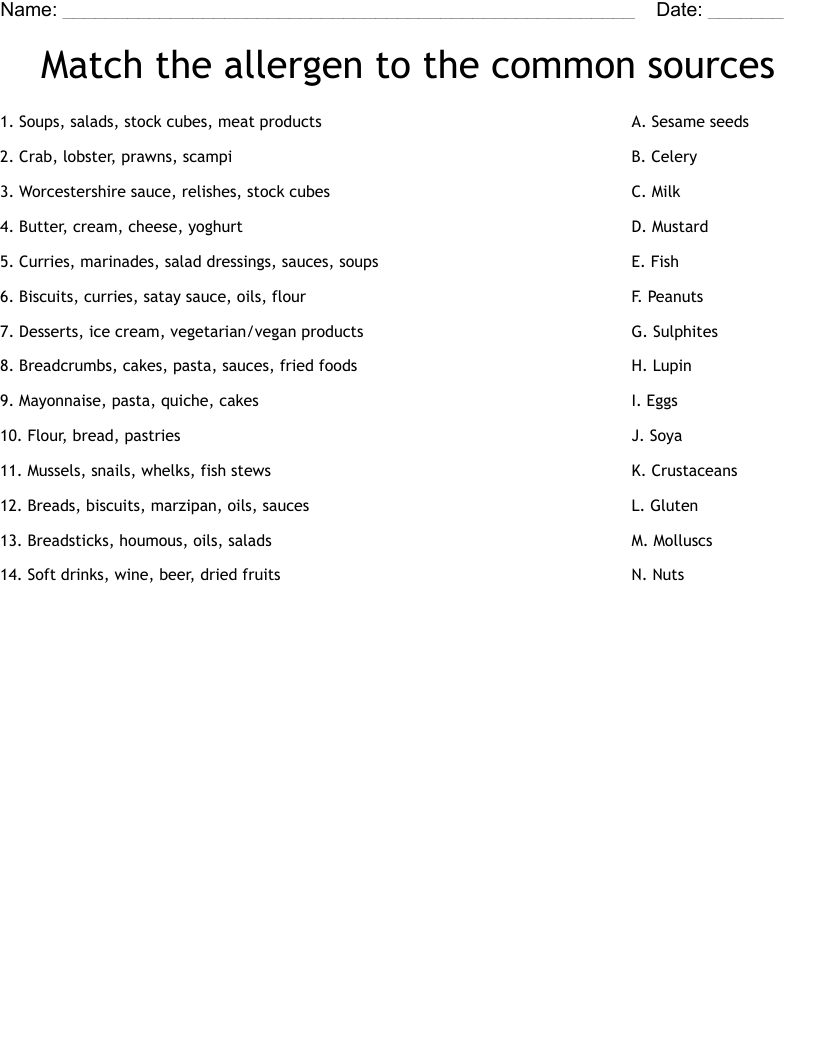 Match the allergen to the common sources Worksheet