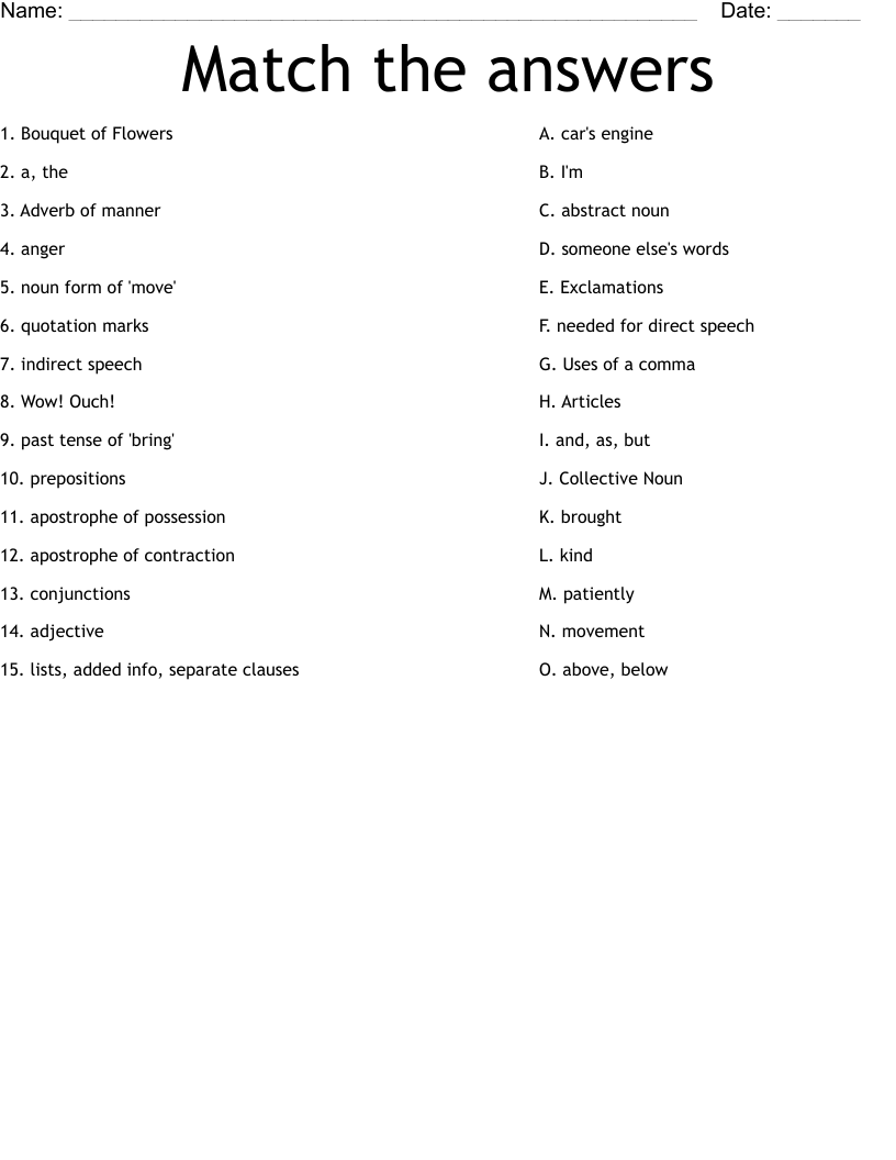 Match the answers Worksheet