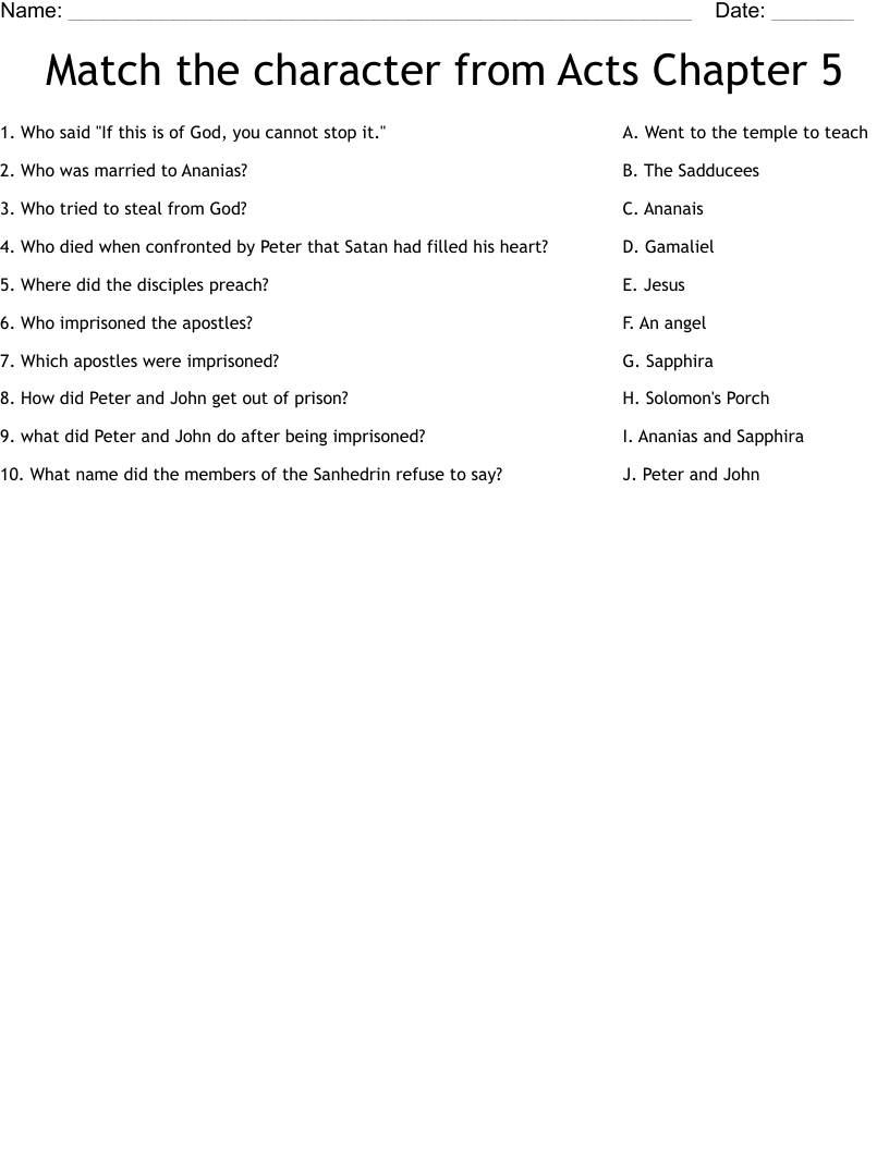 Match the character from Acts Chapter 5 Worksheet