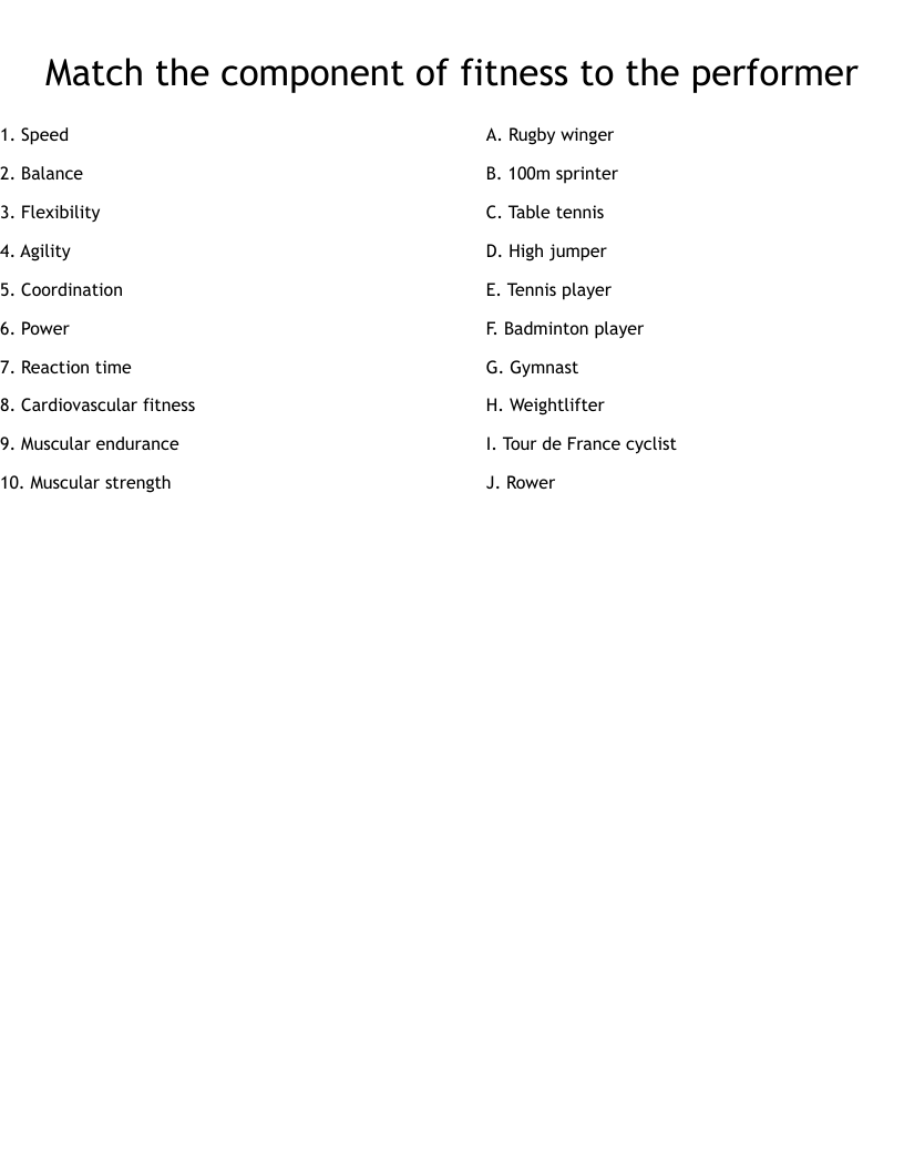 Match the component of fitness to the performer Worksheet