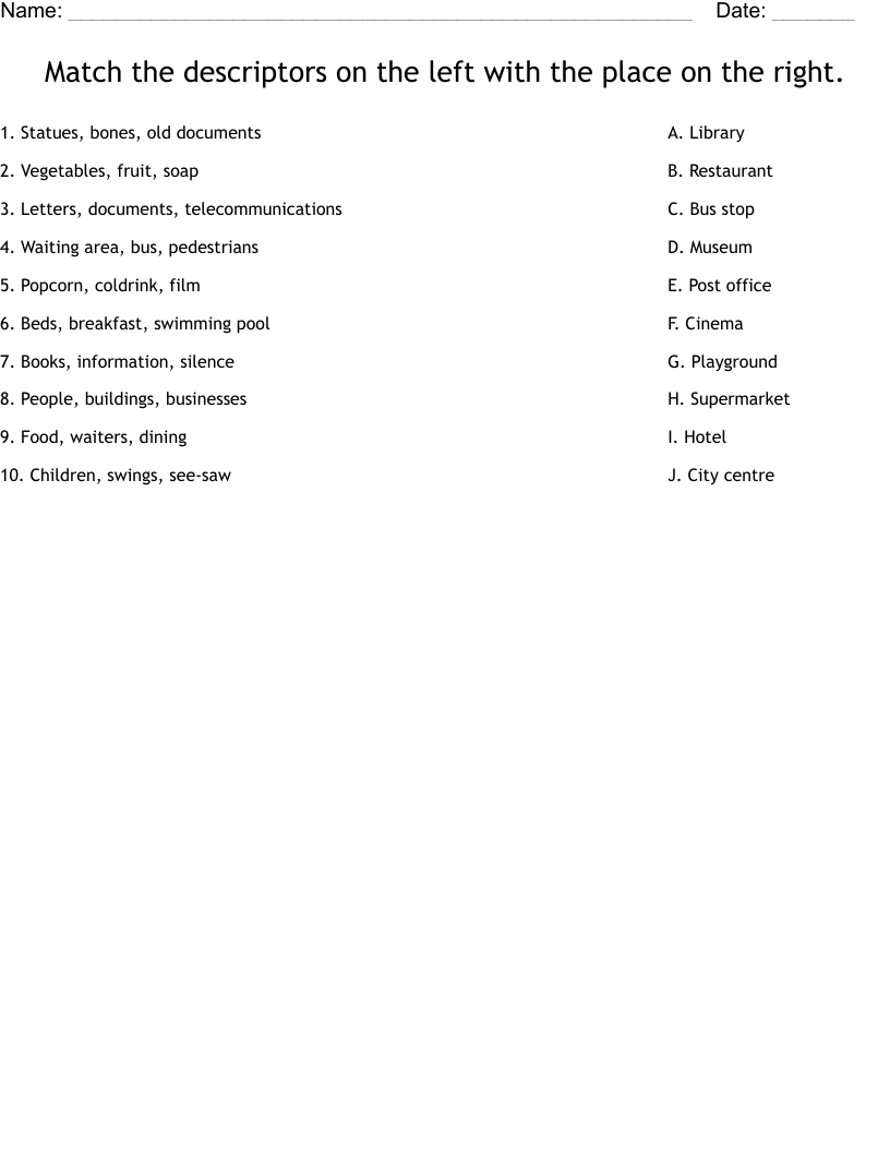 Match the descriptors on the left with the place on the right. Worksheet