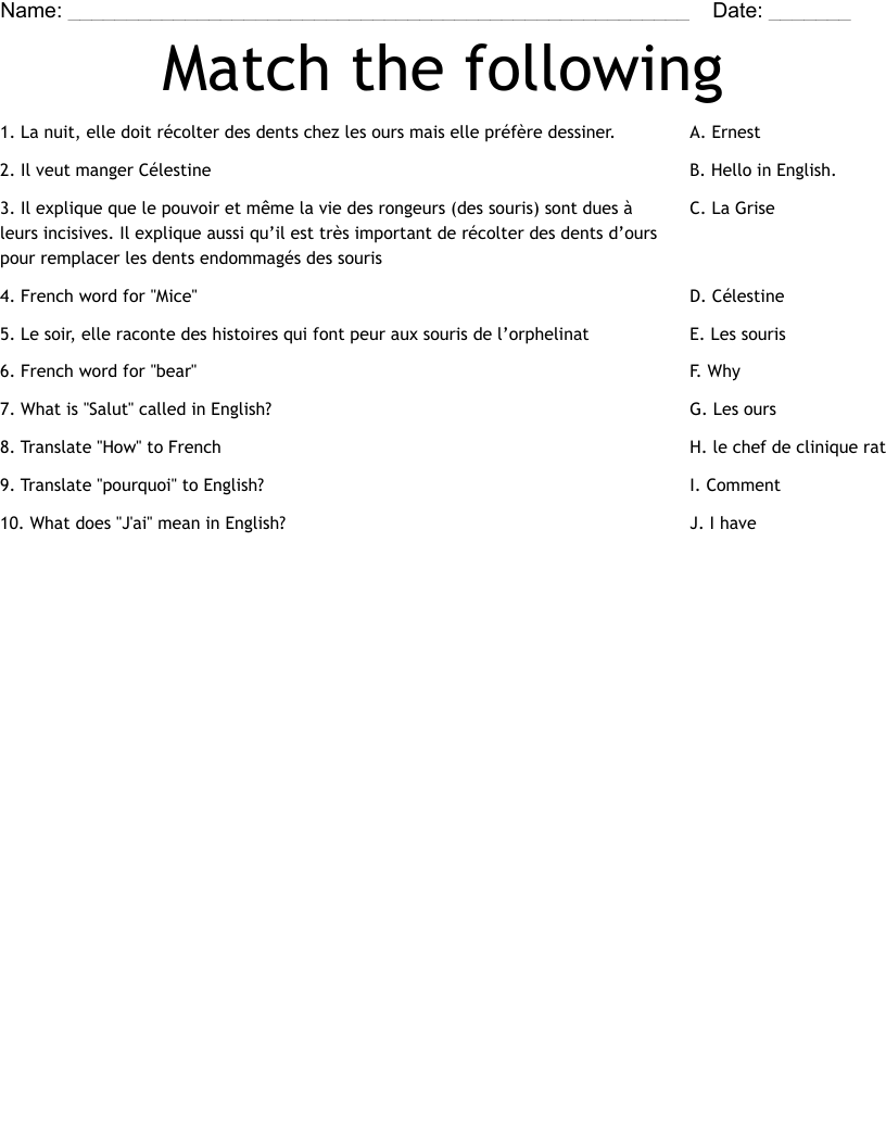 Match the following Worksheet
