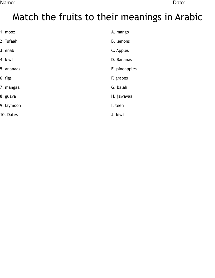 Match the fruits to their meanings in Arabic  Worksheet
