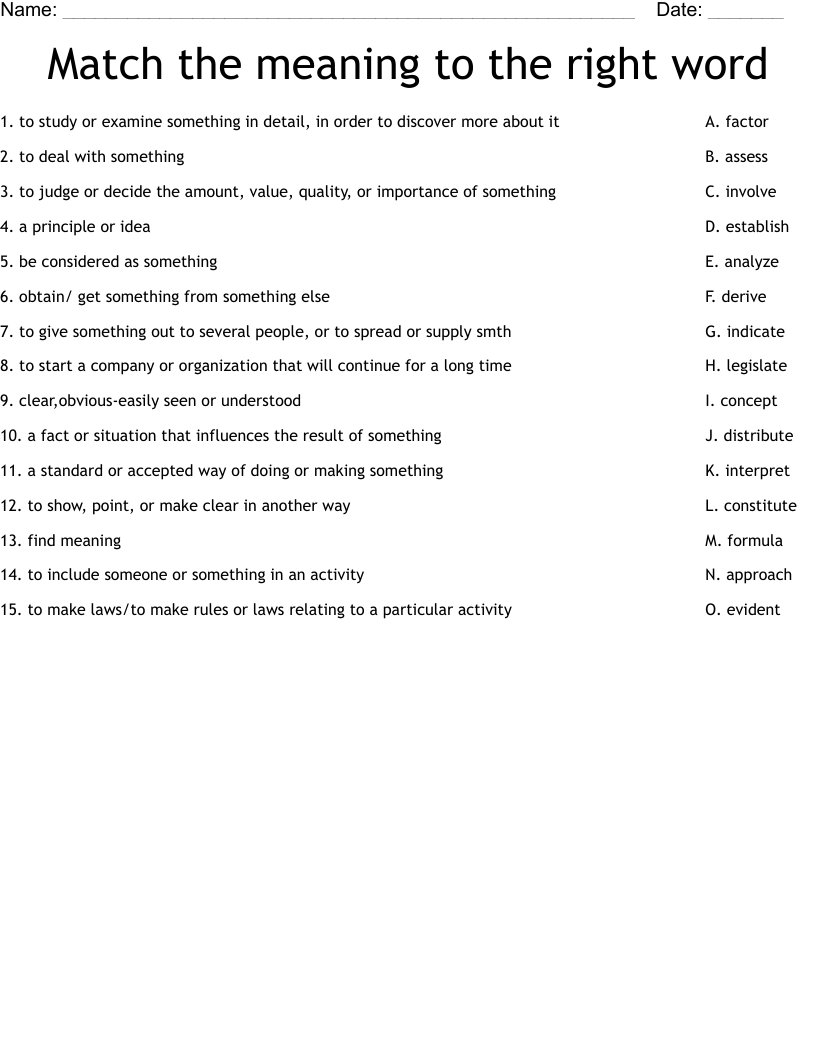 Match the meaning  to the right word Worksheet