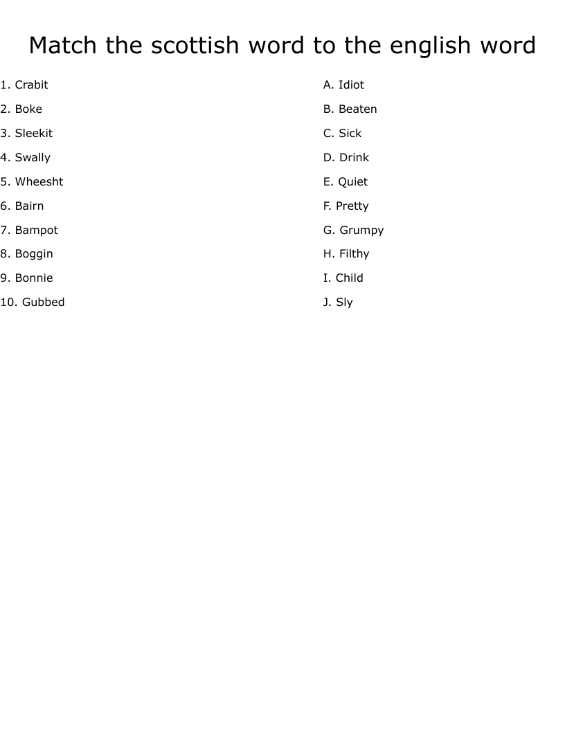 Match the scottish word to the english word Worksheet