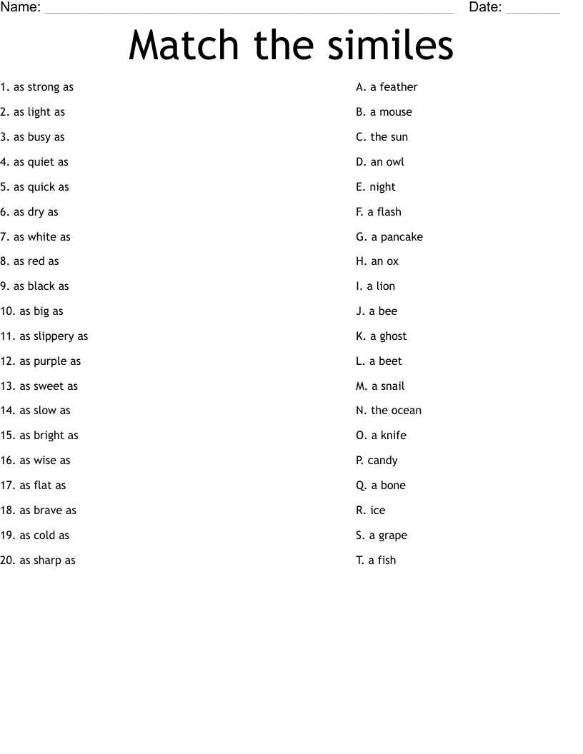 Match the similes Worksheet
