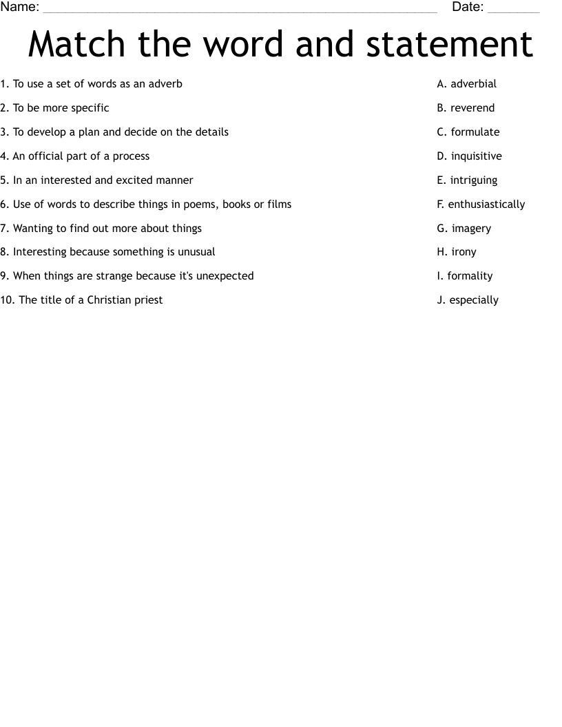 Match the word and statement Worksheet