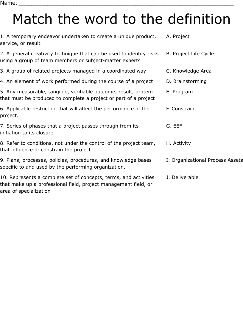 Match the word to the definition Worksheet