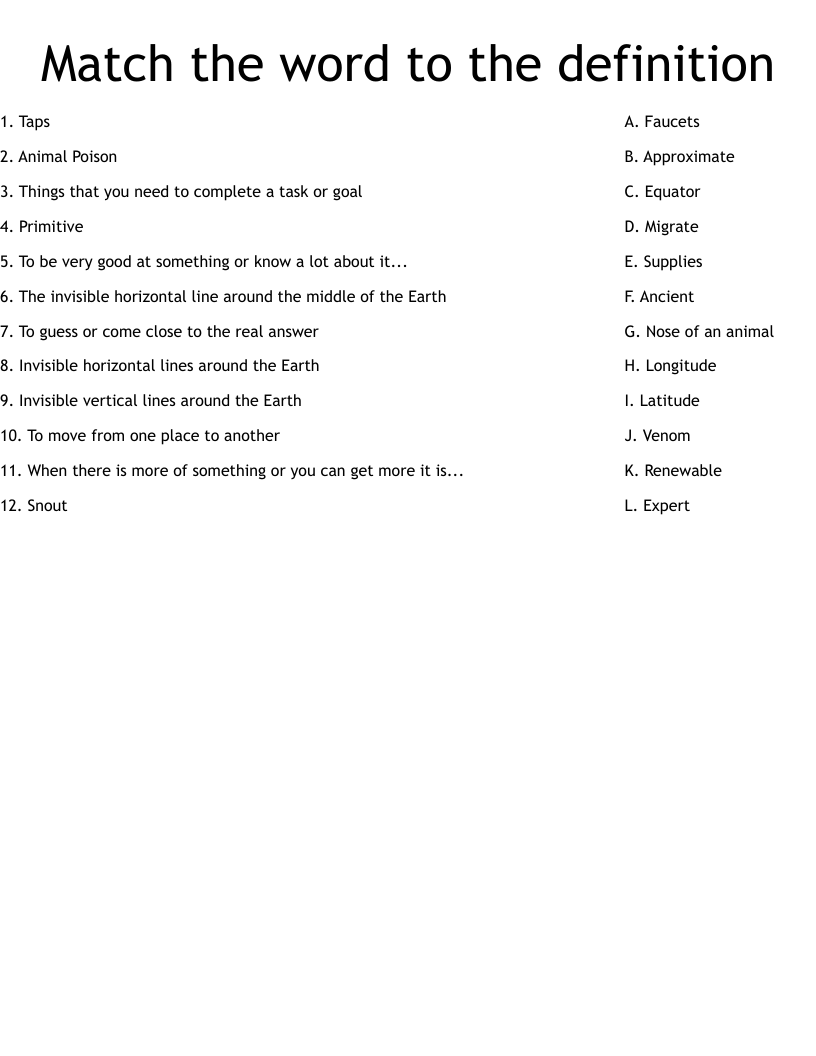 Match the word to the definition Worksheet