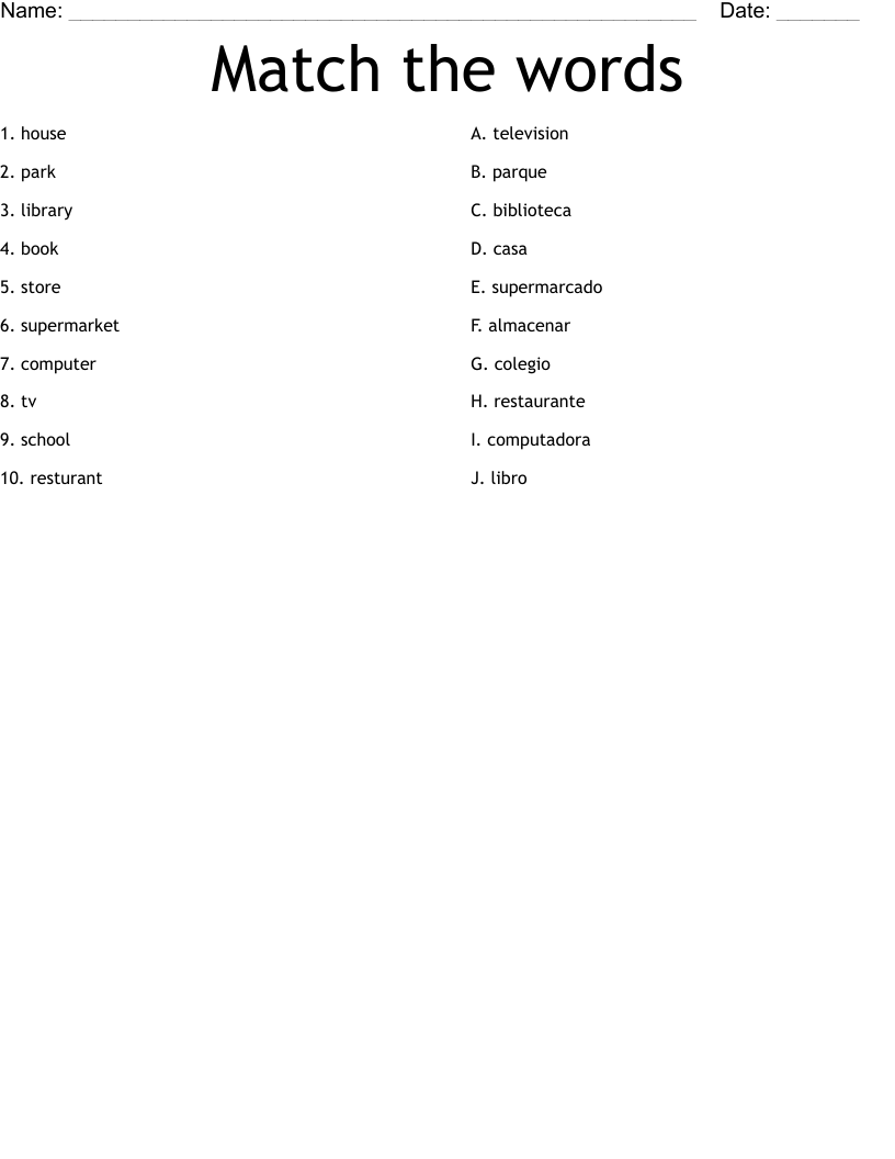 Match the words Worksheet