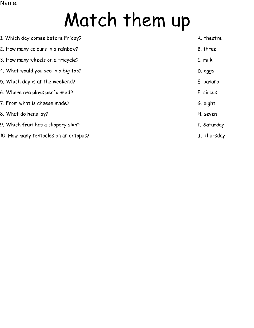 Match them up Worksheet