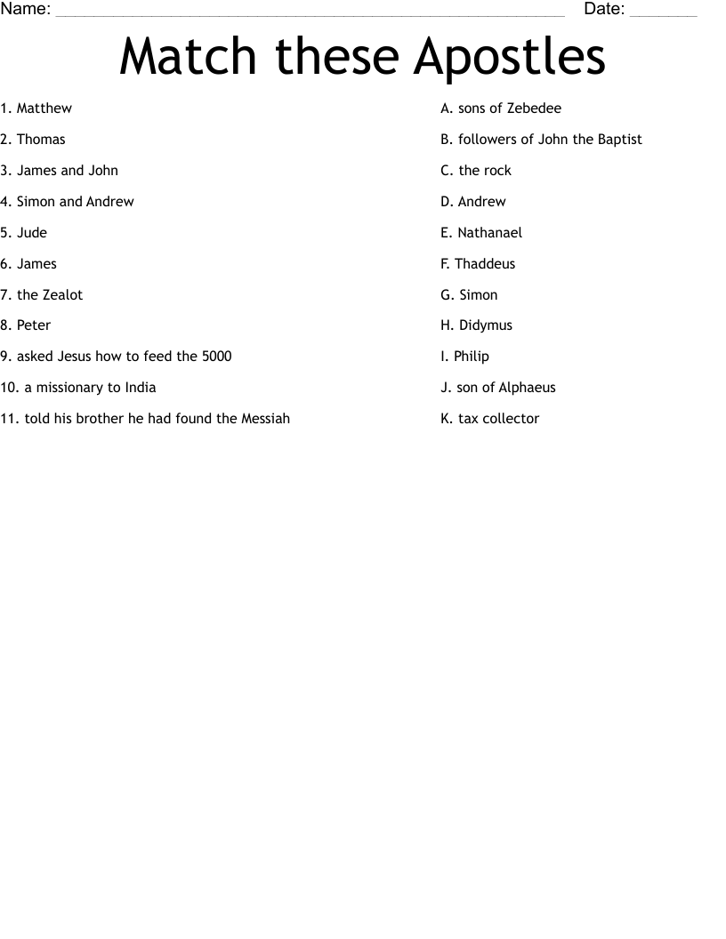 Match these Apostles Worksheet