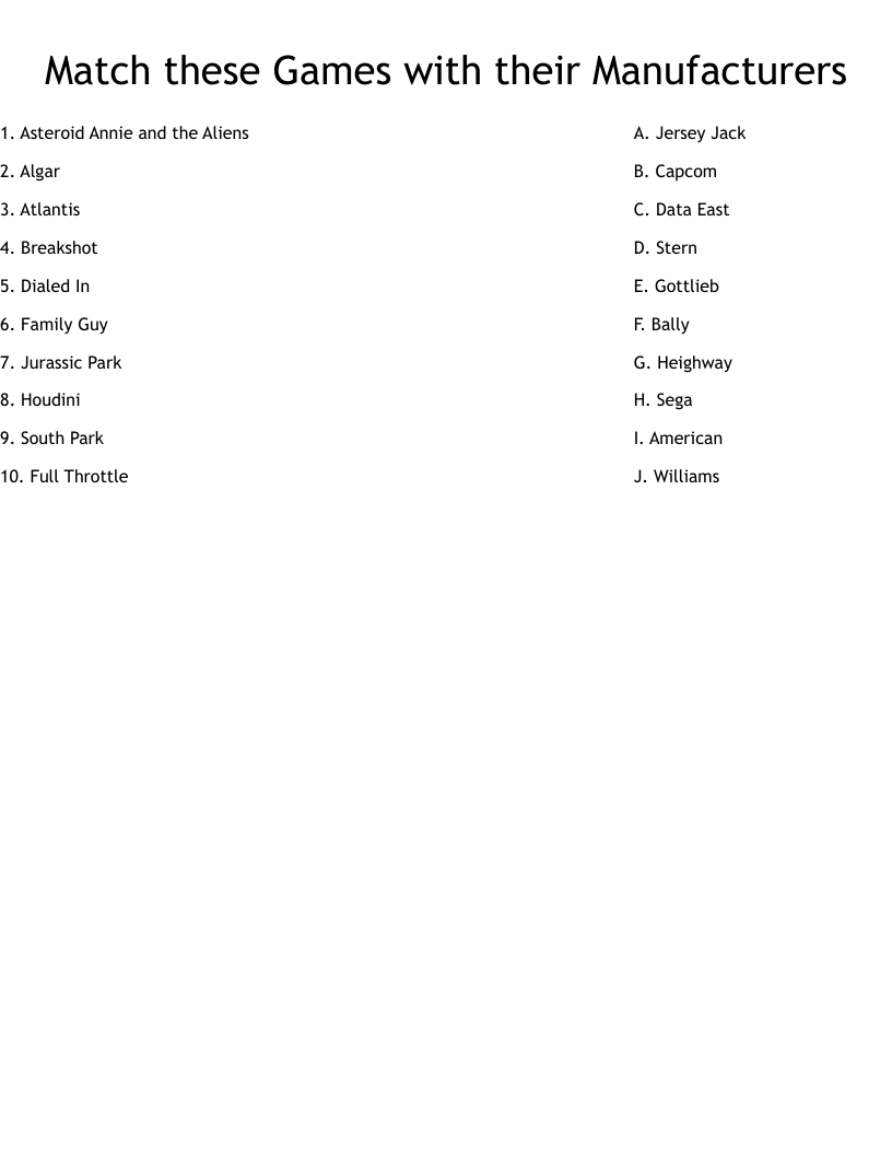 Match these Games with their Manufacturers Worksheet