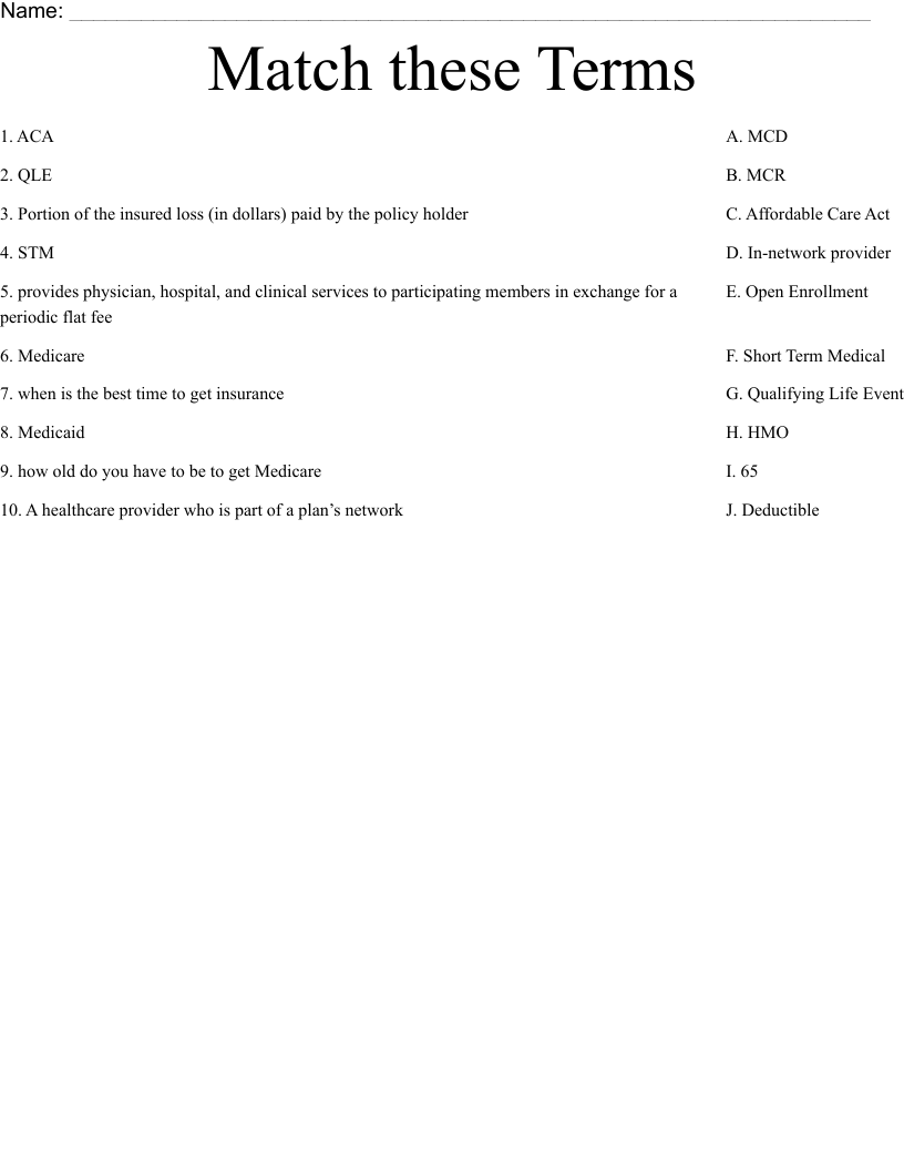 Match these Terms Worksheet