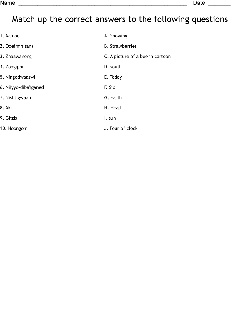 Match up the correct answers to the following questions Worksheet