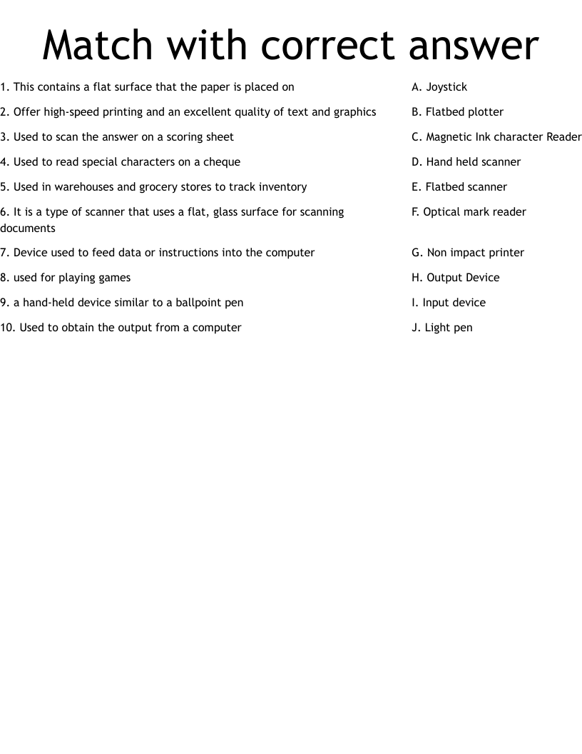 Match with correct answer  Worksheet