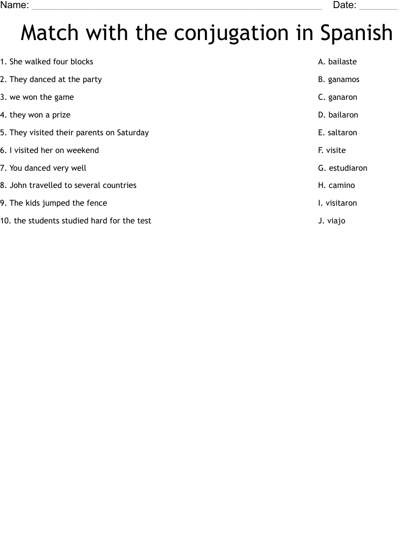 Match with the conjugation in Spanish Worksheet