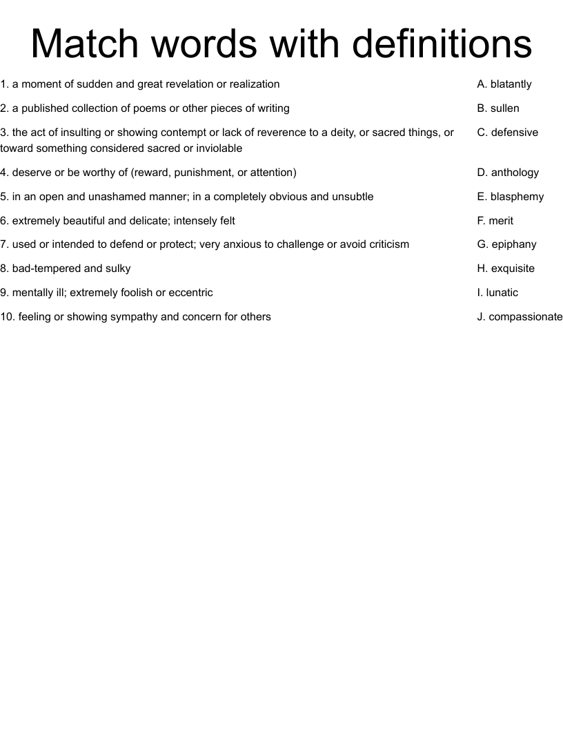 Match words with definitions Worksheet