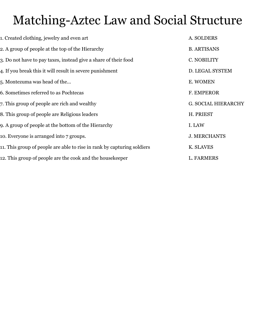 Matching-Aztec Law and Social Structure Worksheet
