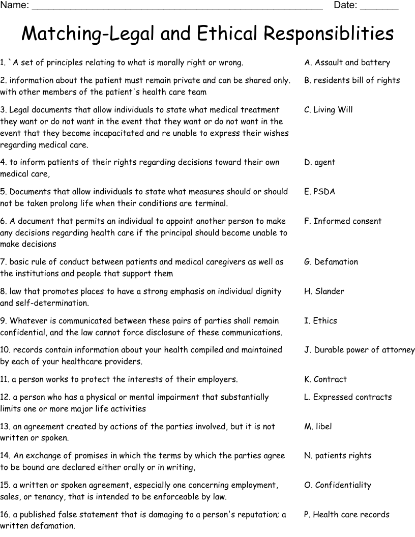 Matching-Legal and Ethical Responsiblities Worksheet