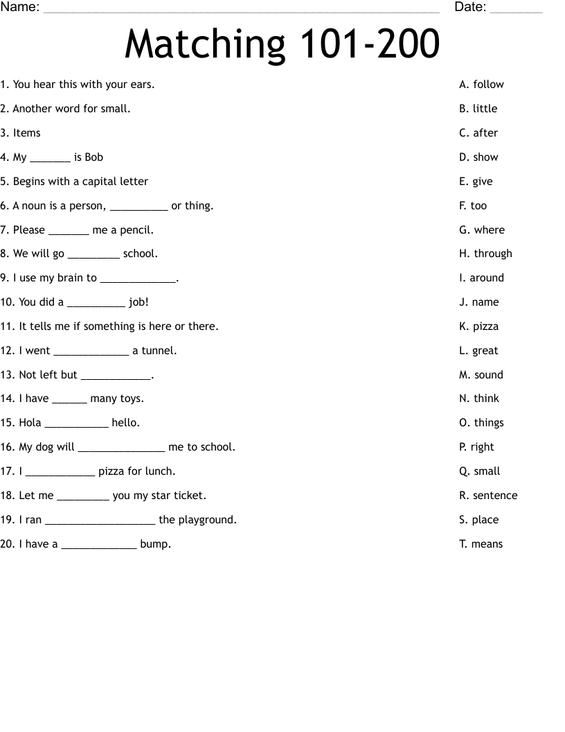 Matching 101-200 Worksheet