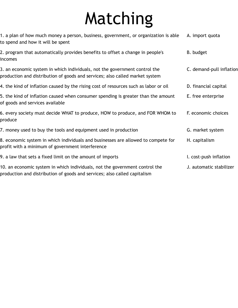 Matching Worksheet