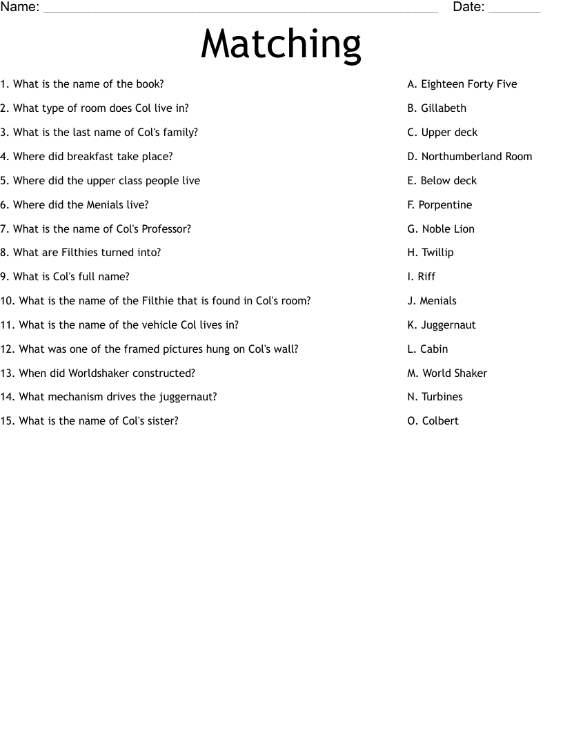Matching Worksheet