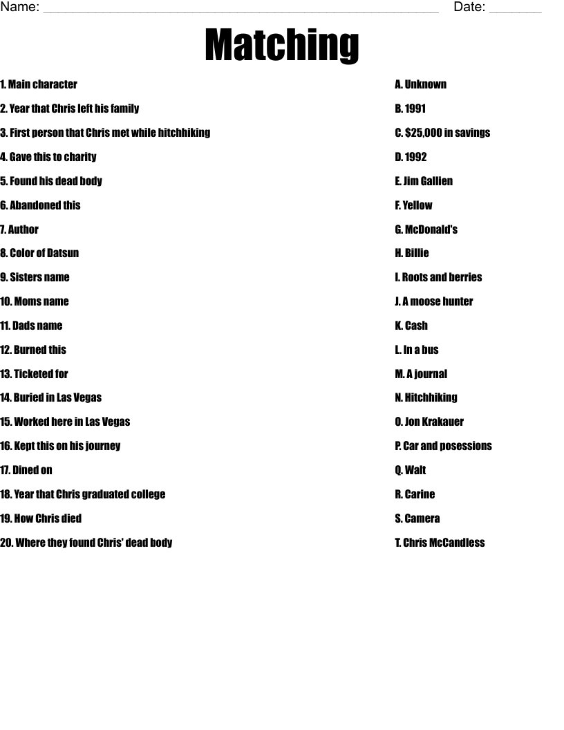 Matching Worksheet