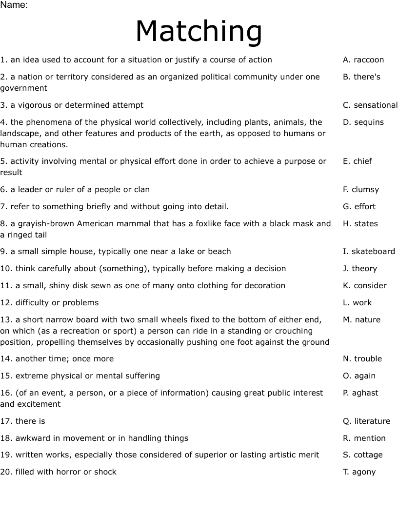 Matching Worksheet