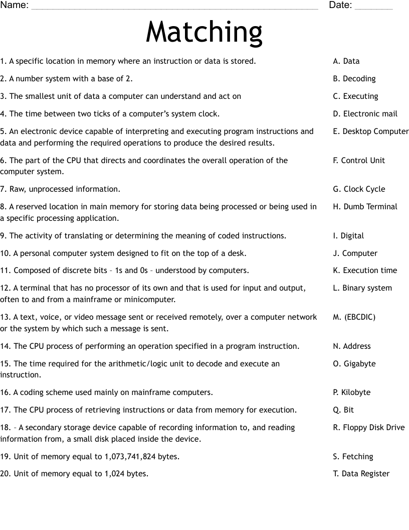 Matching Worksheet