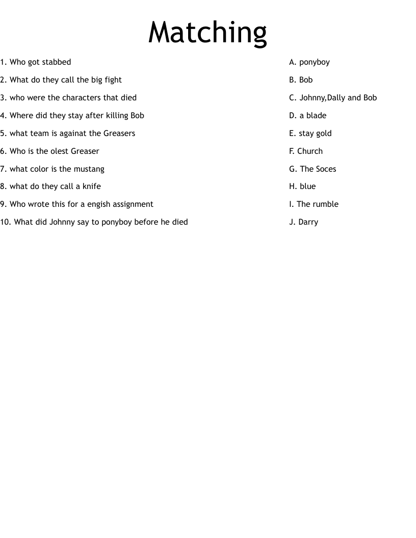 Matching Worksheet