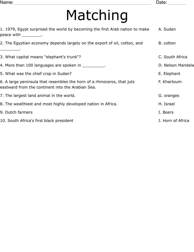 Matching Worksheet
